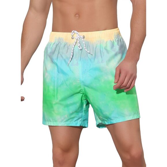 Men's Tie Dye Printed Elastic Waistband Vacation Swim Trunks Green - Picture 1 of 5